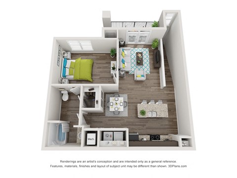 Floor plan for 1 bed, 1 bath, 842 sqft